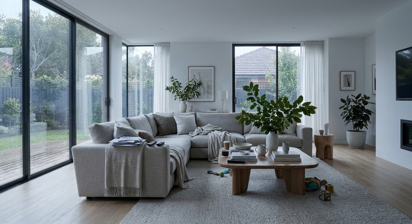 Dull amateur phone photo of a living room