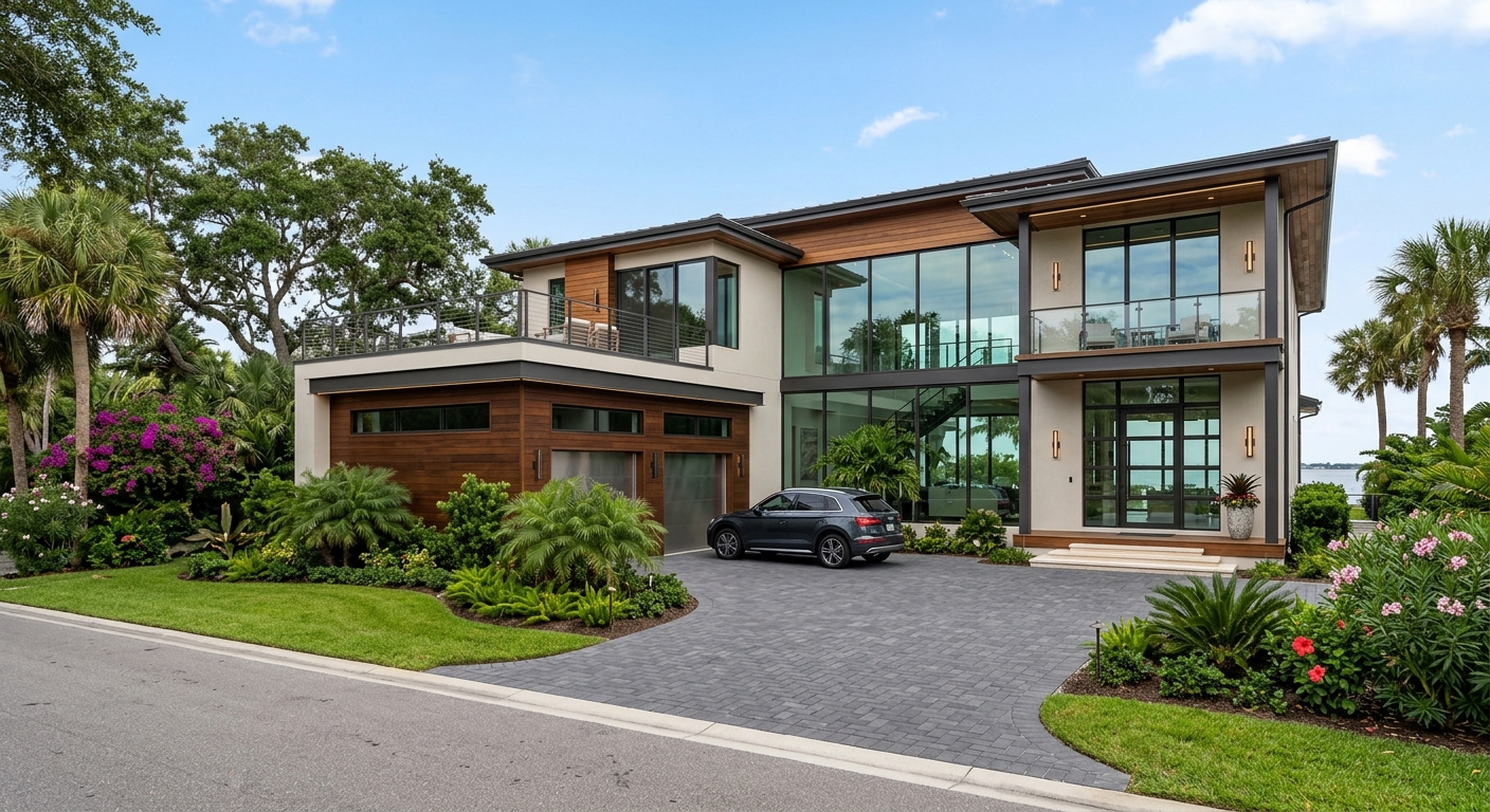 Modern waterfront home exterior render