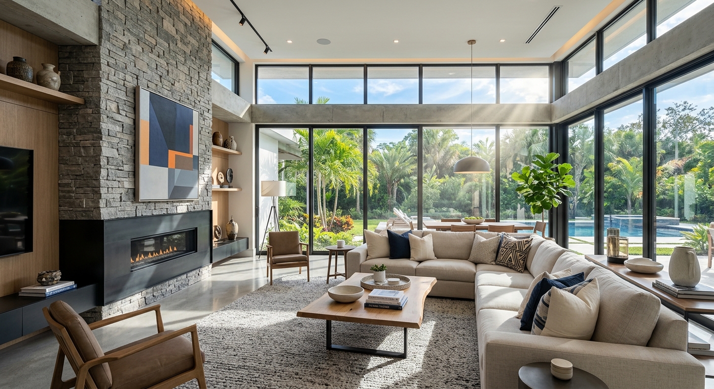 Photoreal interior render with stone fireplace